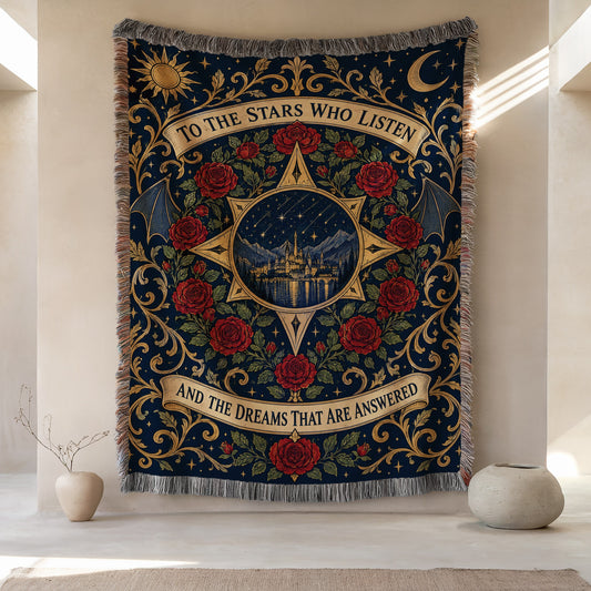 To The Stars Who Listen Rose Crest Woven Throw Blanket hanging on a wall