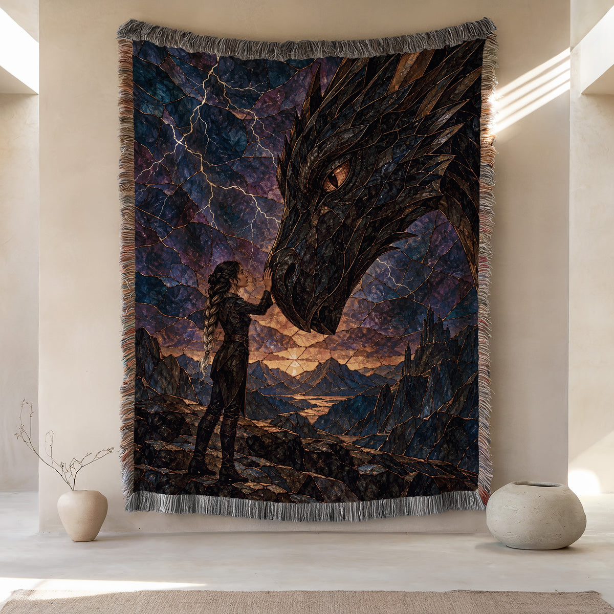 Dragon Rider Woven Throw Blanket hanging on a wall