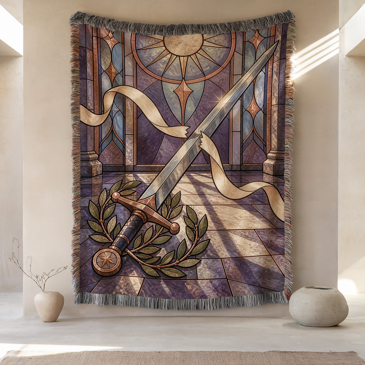 Radiant Blade Woven Throw Blanket hanging on a wall