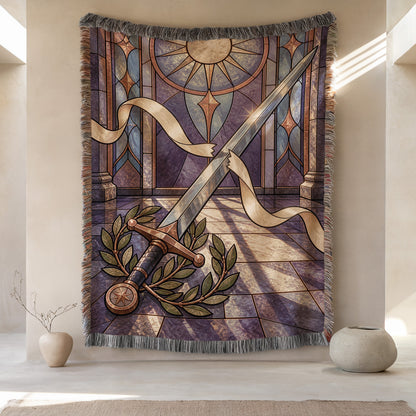Radiant Blade Woven Throw Blanket hanging on a wall