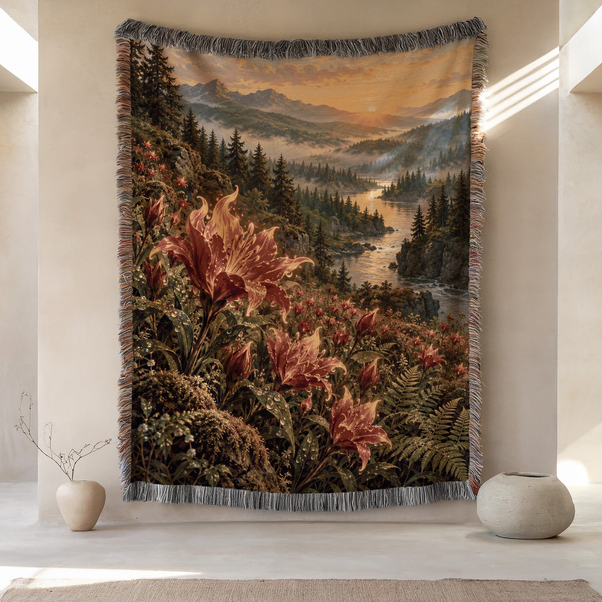 Kingsflame Woven Throw Blanket hanging on a wall