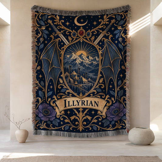 Illyrian Crest Woven Throw Blanket hanging on a wall