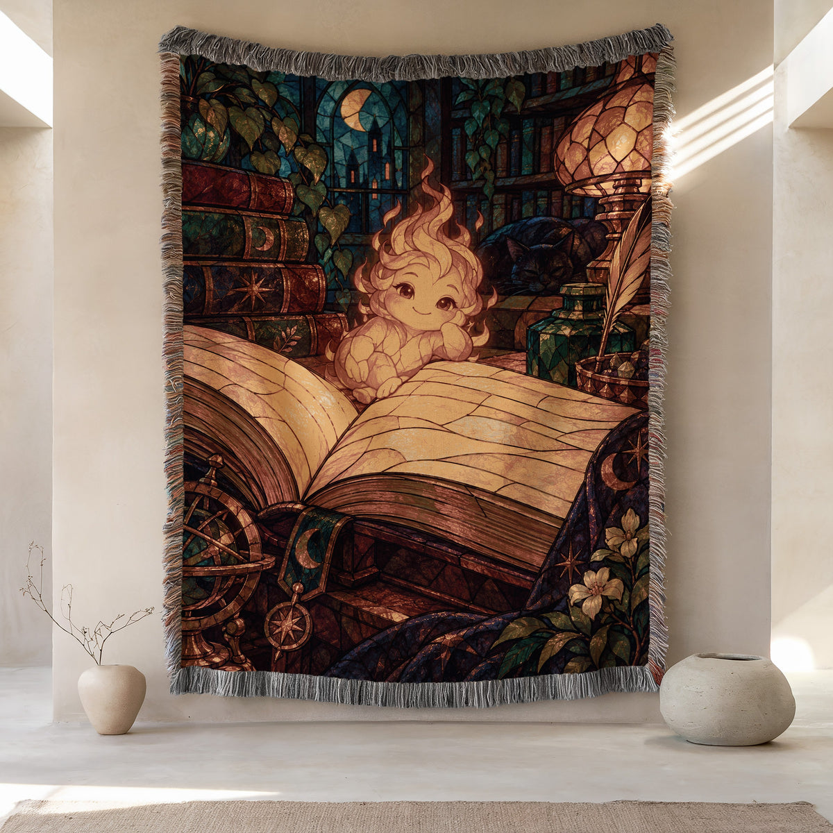 Ember Woven Throw Blanket hanging on a wall