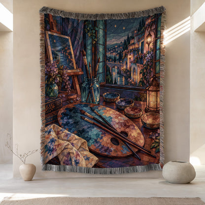 The Rainbow of Velaris Woven Throw Blanket hanging on a wall