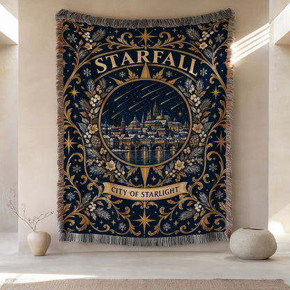 Starfall City of Starlight Crest Woven Throw Blanket hanging on a wall