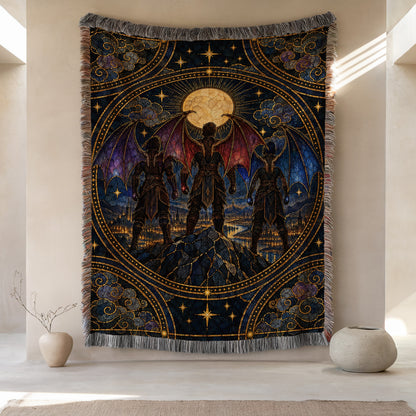 Illyrian Trio Stained Glass Woven Throw Blanket hanging on a wall