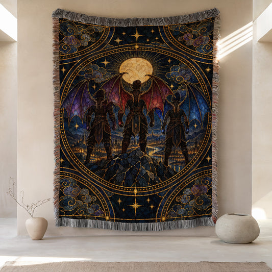 Illyrian Trio Stained Glass Woven Throw Blanket hanging on a wall