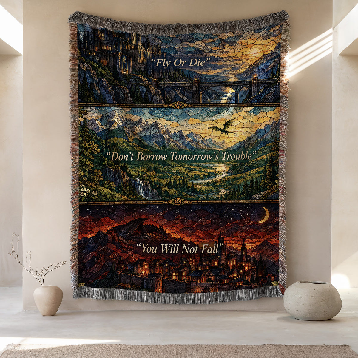 Empyrean Stained Glass Woven Throw Blanket hanging on a wall