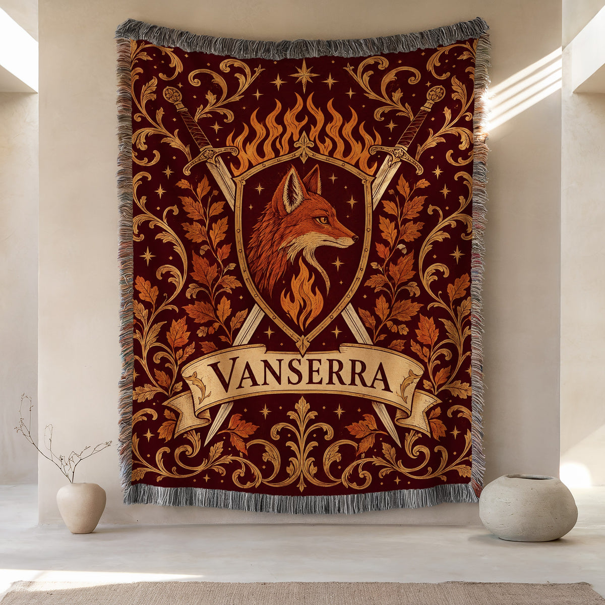 Vanserra Crest Woven Throw Blanket hanging on a wall
