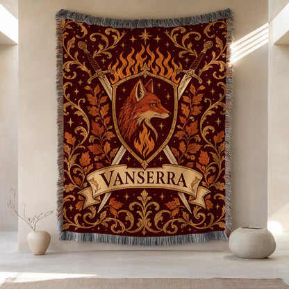 Vanserra Crest Woven Throw Blanket hanging on a wall
