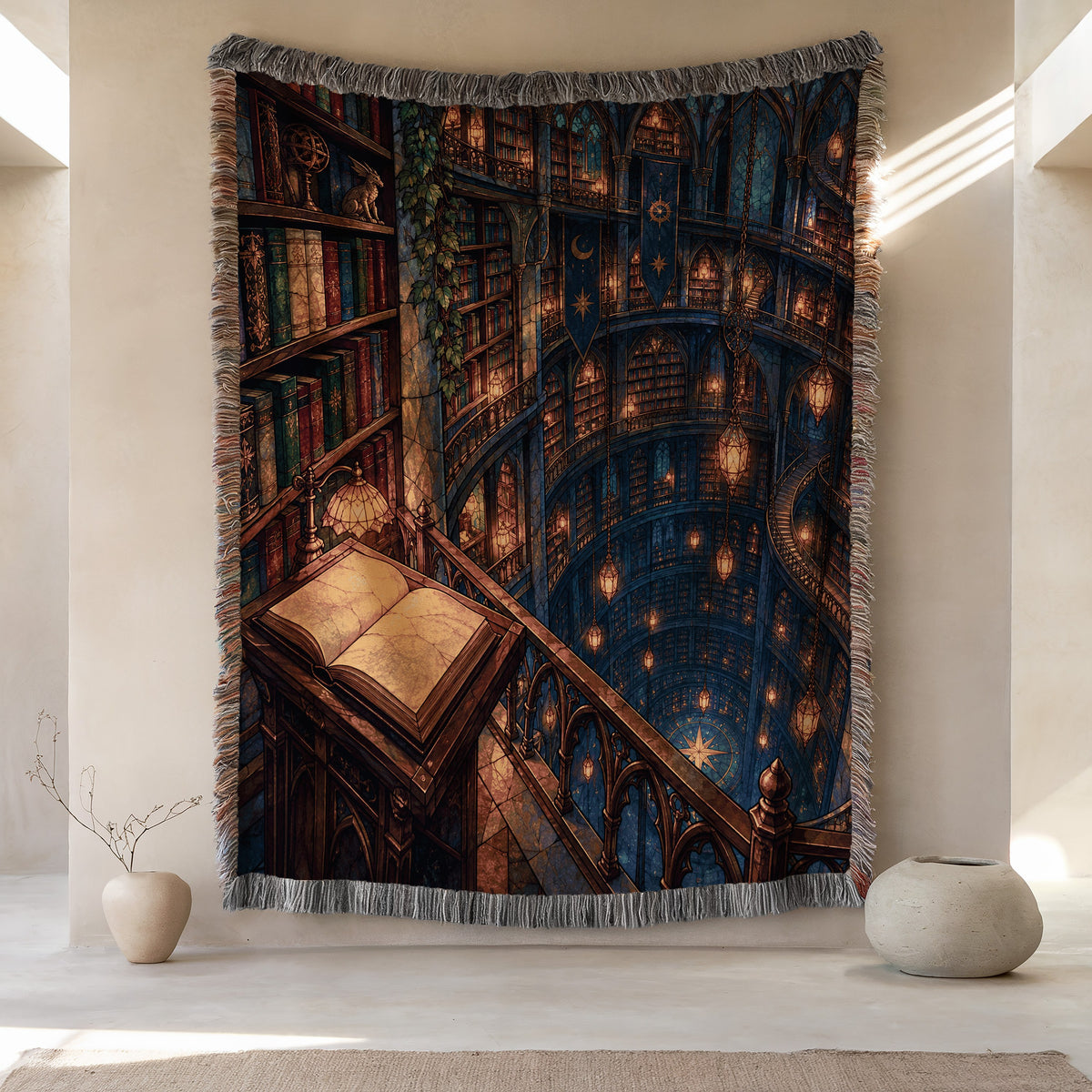 Midnight House of Wind Woven Throw Blanket hanging on a wall