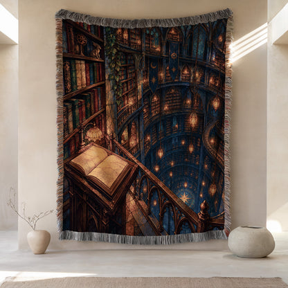 Midnight House of Wind Woven Throw Blanket hanging on a wall