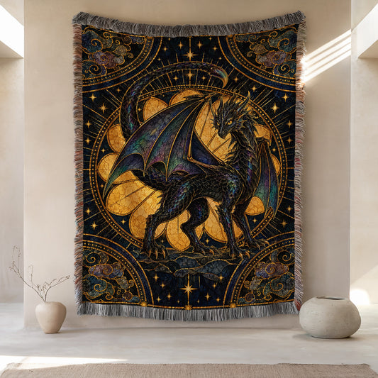Andarna's Colors Stained Glass Woven Throw Blanket hanging on a wall