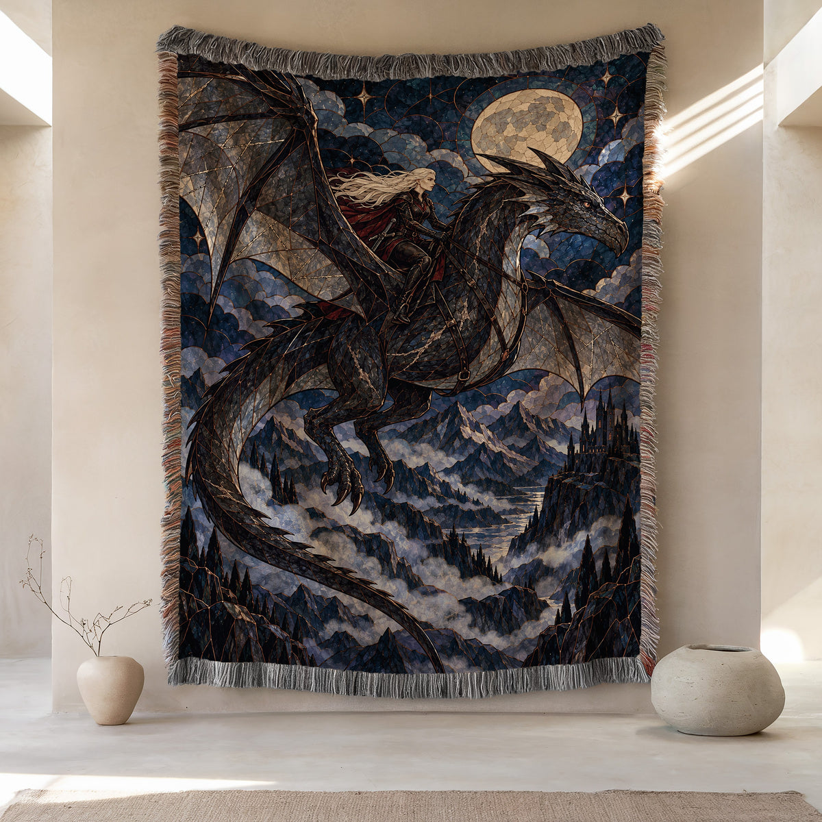 Above the Storm Woven Throw Blanket hanging on a wall