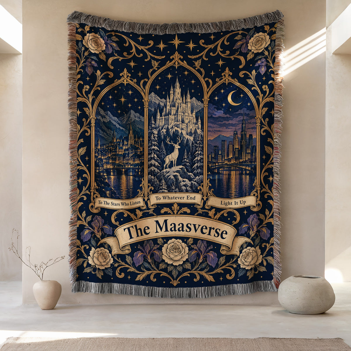 Maasverse Three Realms Crest Woven Throw Blanket hanging on a wall