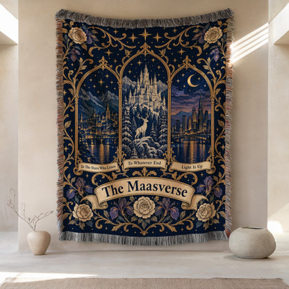 Maasverse Three Realms Crest Woven Throw Blanket hanging on a wall