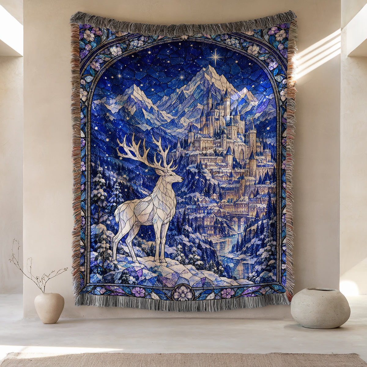 Orynth in Winter Stained Glass Woven Throw Blanket hanging on a wall
