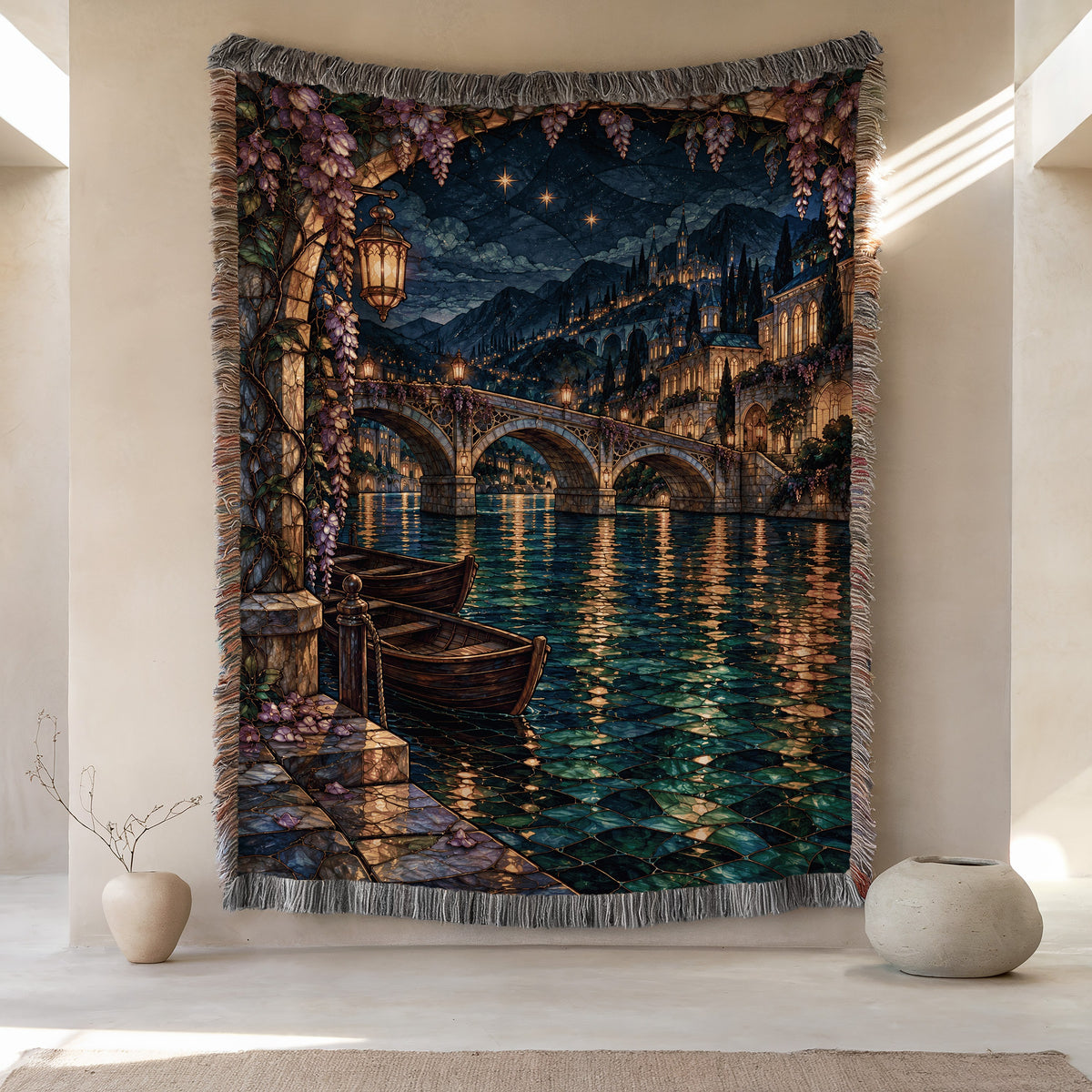 Velaris Woven Throw Blanket hanging on a wall
