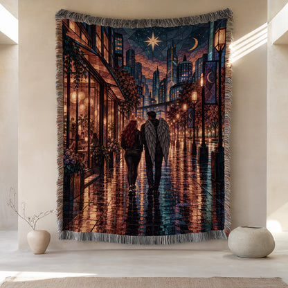 Lunathion Woven Throw Blanket hanging on a wall
