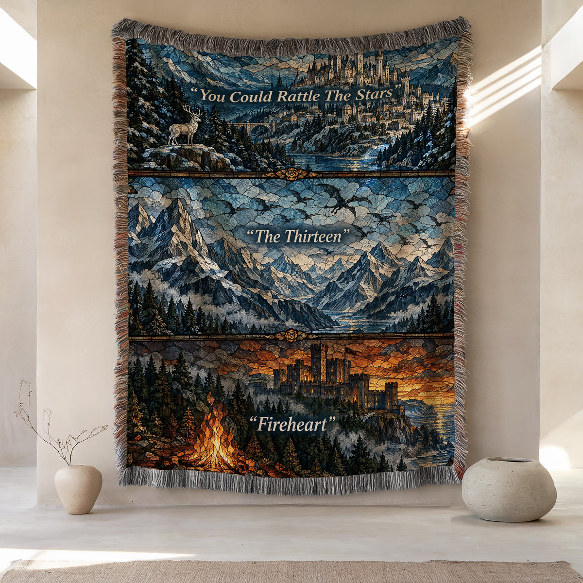 Terrasen Stained Glass Woven Throw Blanket hanging on a wall