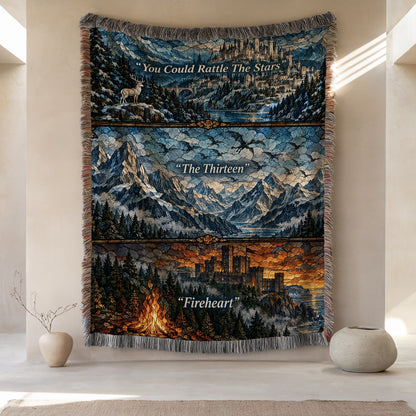 Terrasen Stained Glass Woven Throw Blanket hanging on a wall