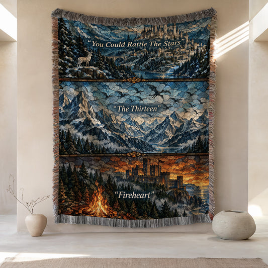 Terrasen Stained Glass Woven Throw Blanket hanging on a wall