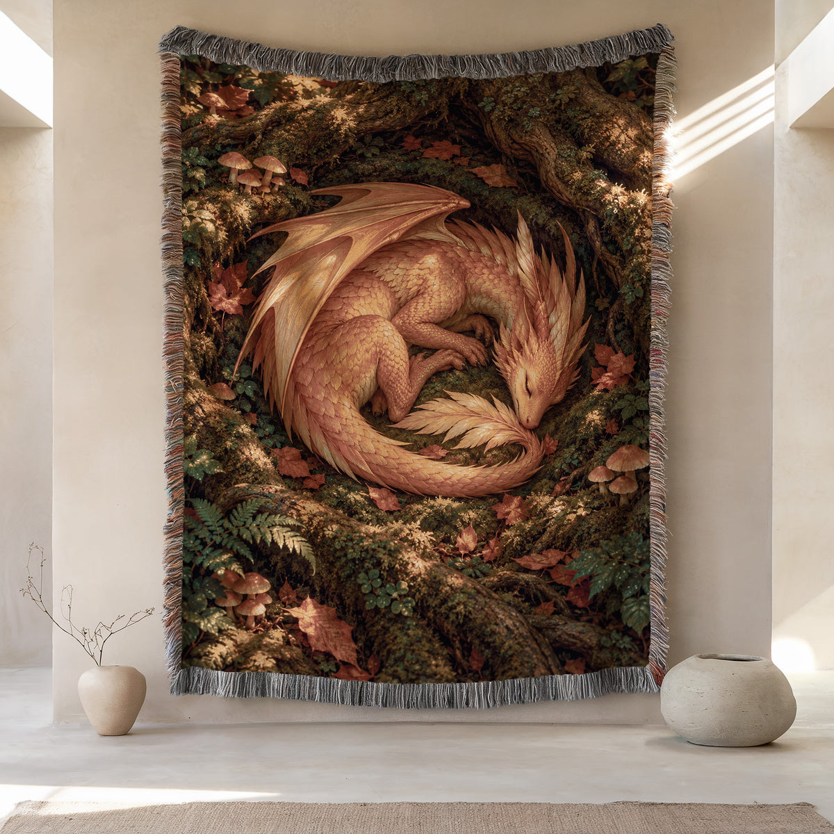 Golden Dragon Woven Throw Blanket hanging on a wall