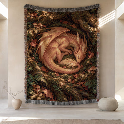 Golden Dragon Woven Throw Blanket hanging on a wall