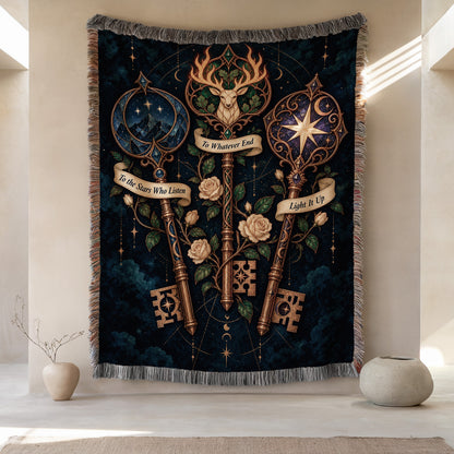 Bookish Maasverse Woven Throw Blanket hanging on a wall