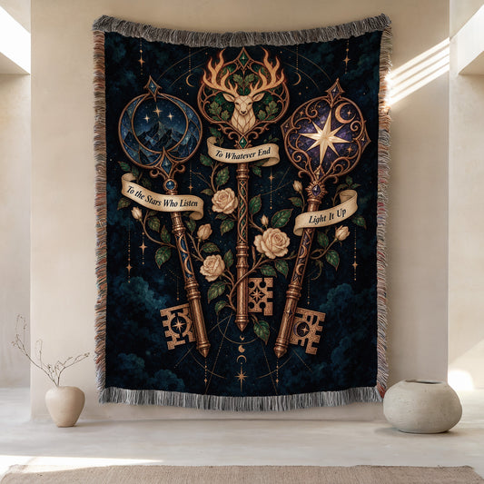 Bookish Maasverse Woven Throw Blanket hanging on a wall