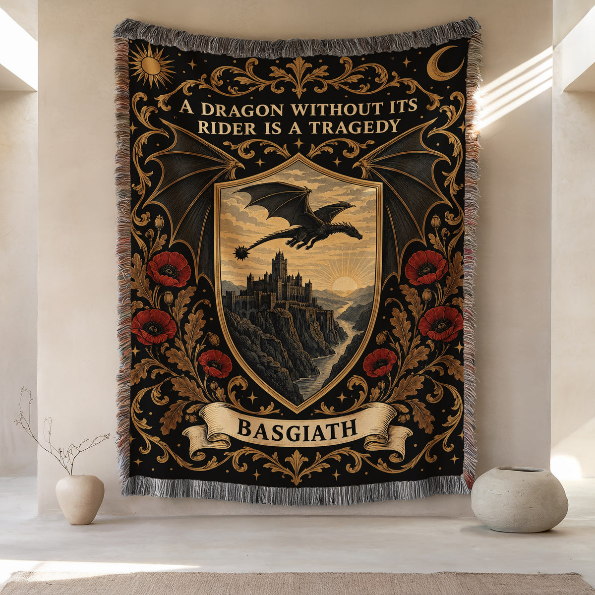 Basgiath Dragon Rider Crest Woven Throw Blanket hanging on a wall