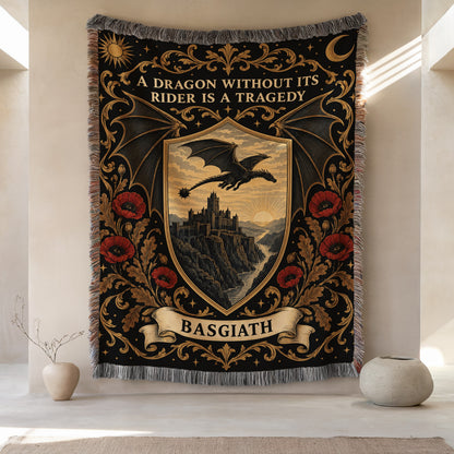 Basgiath Dragon Rider Crest Woven Throw Blanket hanging on a wall