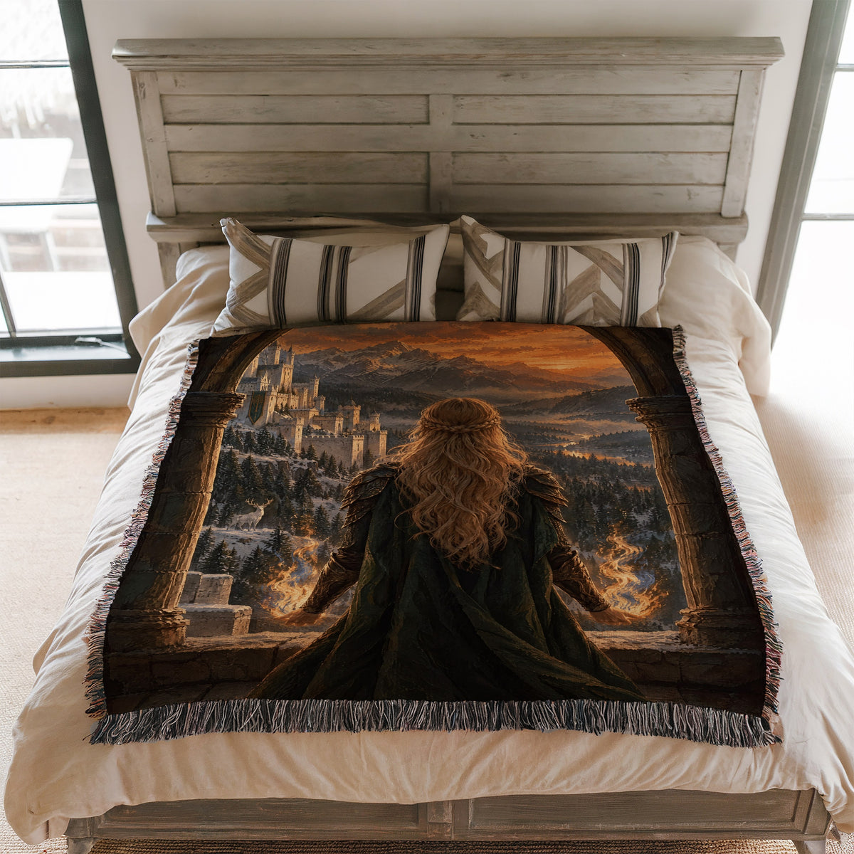 Aelin on the Walls of Orynth Woven Throw Blanket on a bed