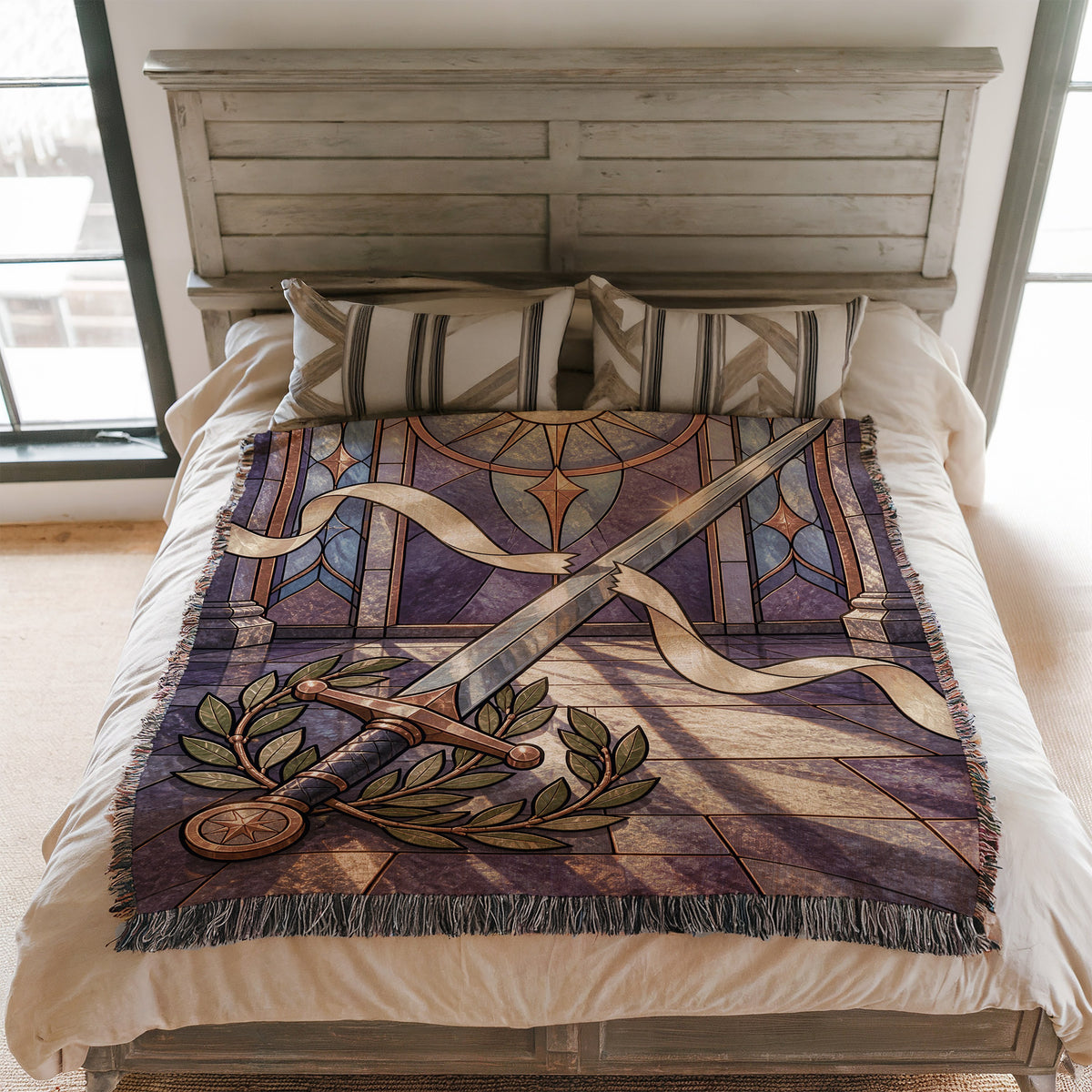 Radiant Blade Woven Throw Blanket on a bed