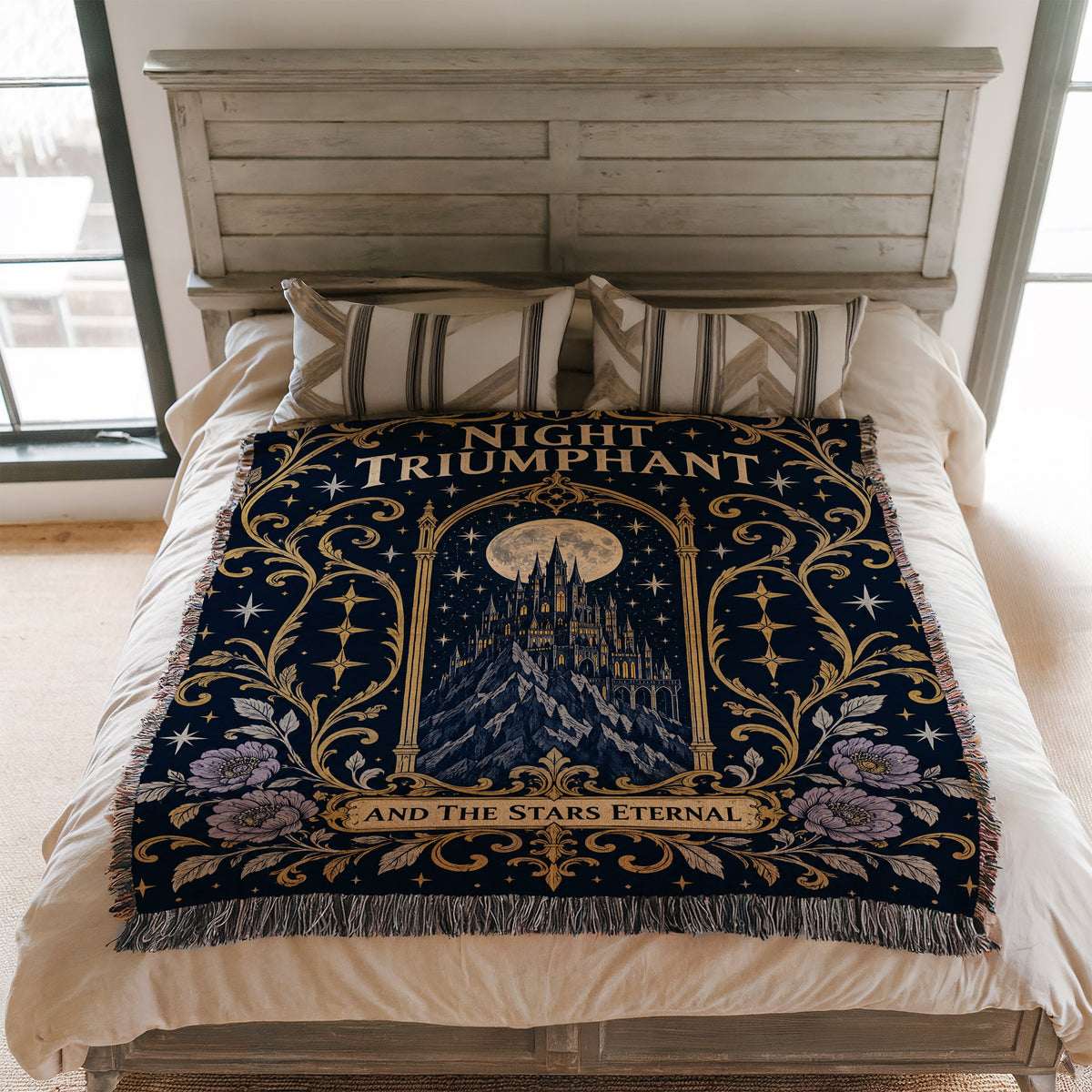 Night Triumphant Crest Woven Throw Blanket on a bed