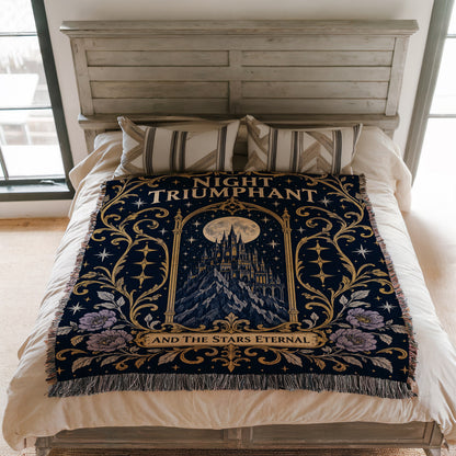 Night Triumphant Crest Woven Throw Blanket on a bed