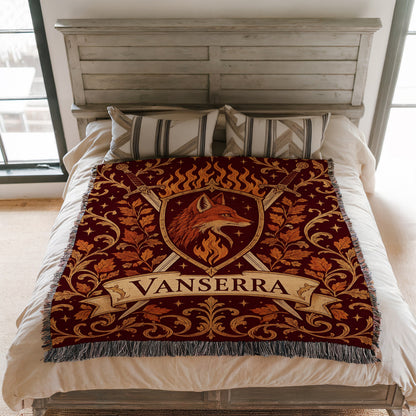 Vanserra Crest Woven Throw Blanket on a bed