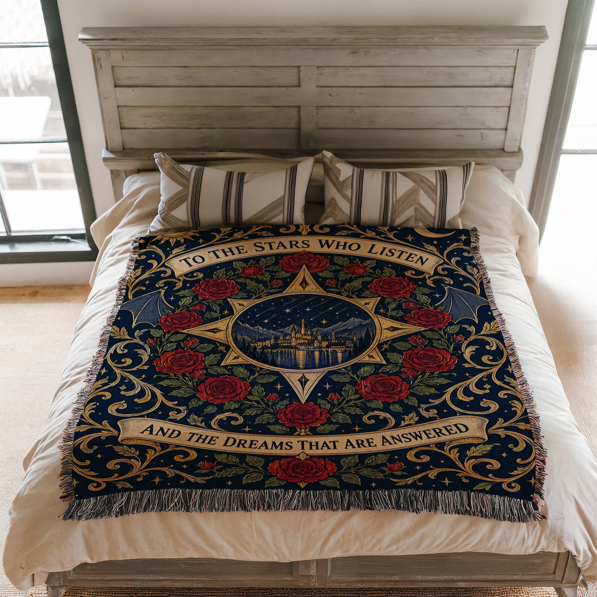 To The Stars Who Listen Rose Crest Woven Throw Blanket on a bed