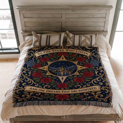 To The Stars Who Listen Rose Crest Woven Throw Blanket on a bed