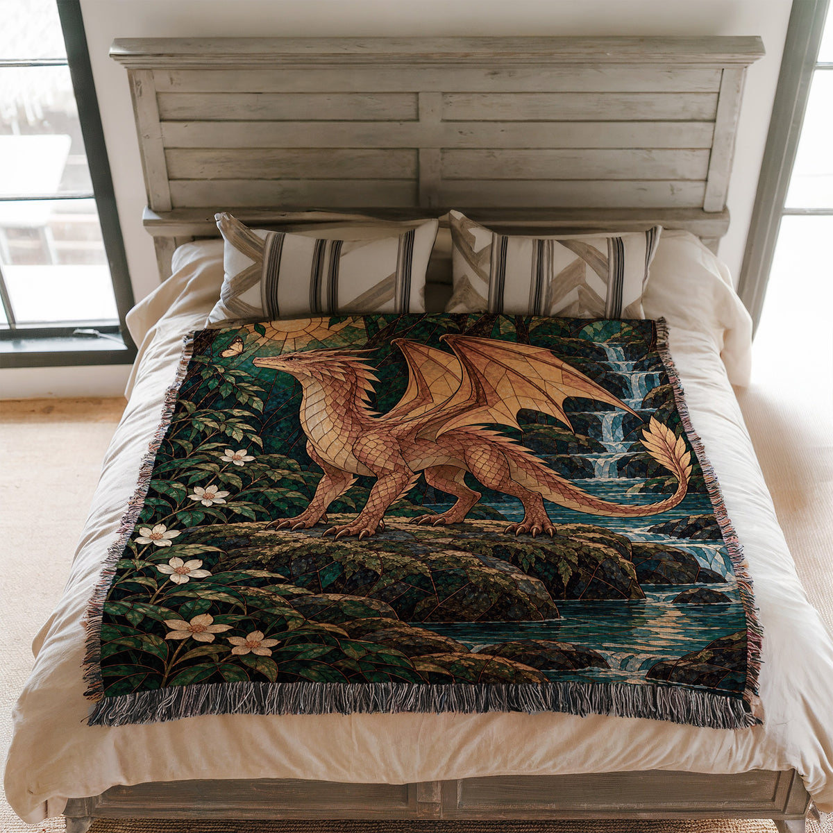 Gold Andarna Woven Throw Blanket on a bed