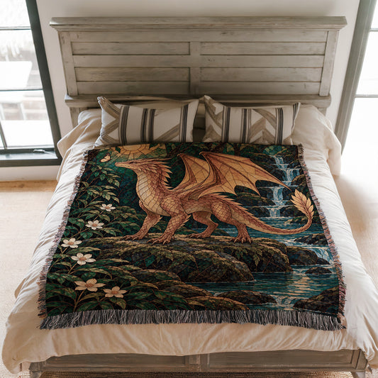 Gold Andarna Woven Throw Blanket on a bed