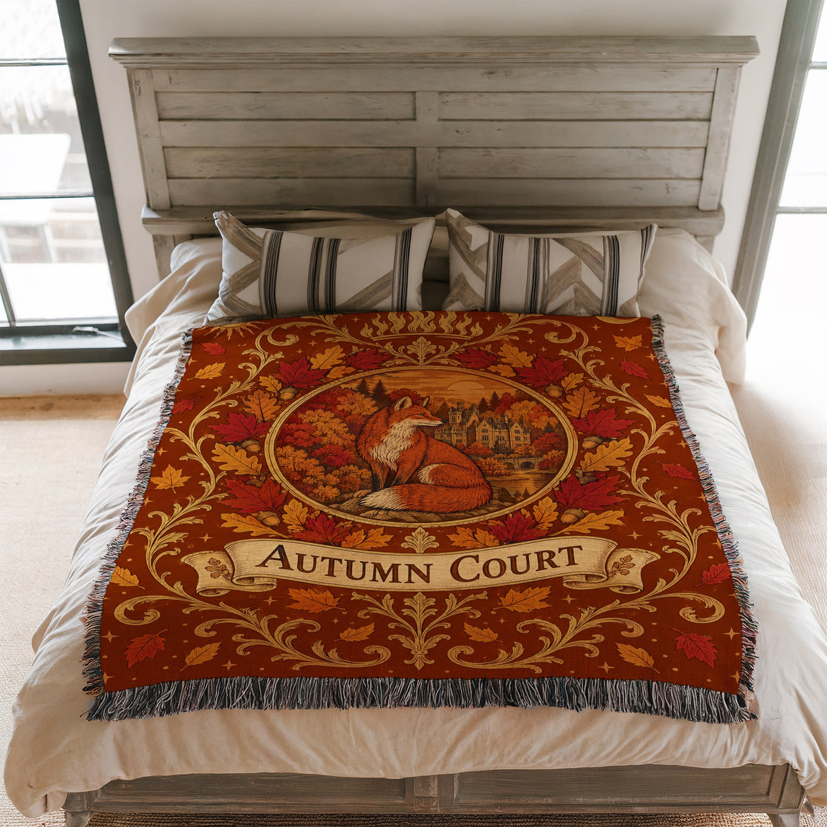 Autumn Court Fox Crest Woven Throw Blanket on a bed