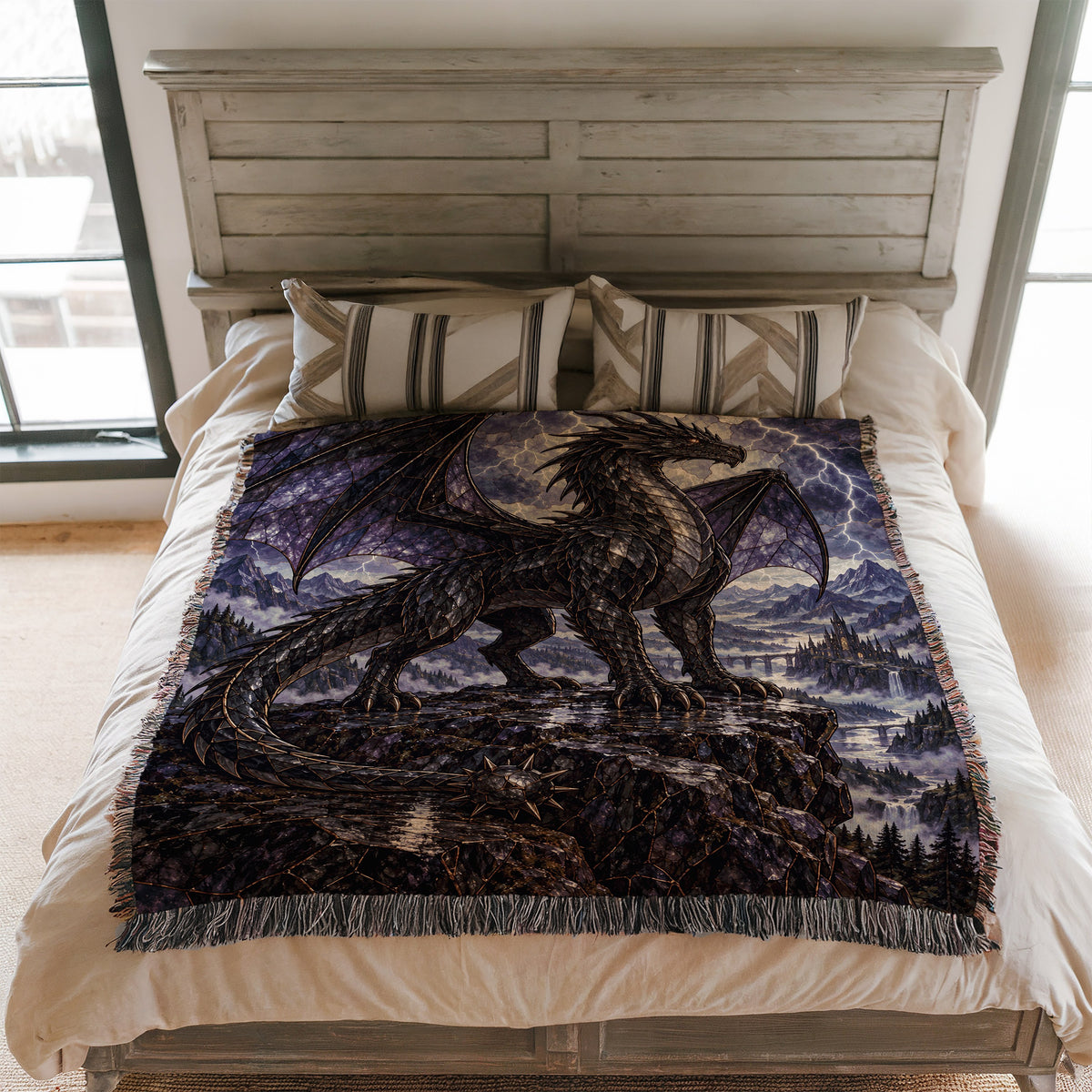 Storm Tairn Woven Throw Blanket on a bed
