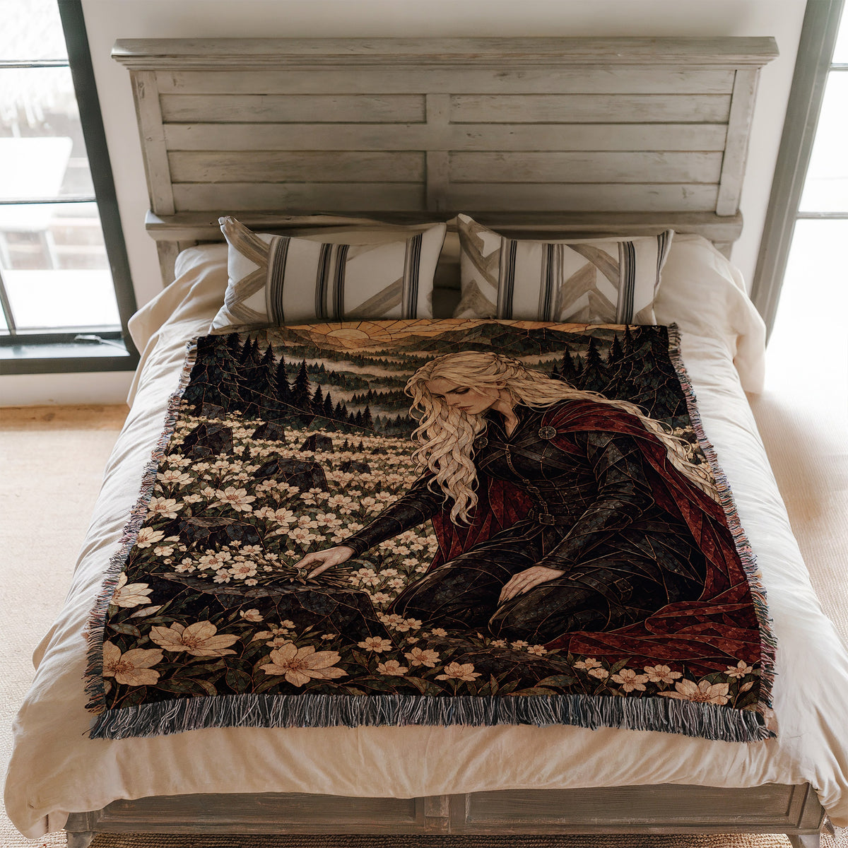 Flowers for the Fallen Woven Throw Blanket on a bed