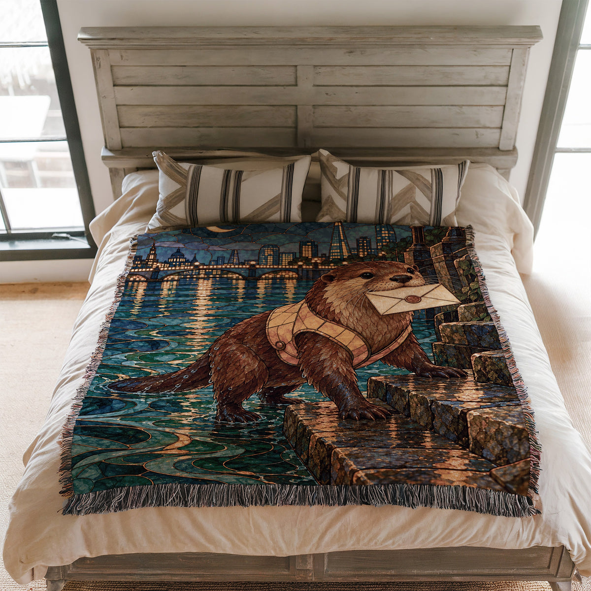 Otter Woven Throw Blanket on a bed