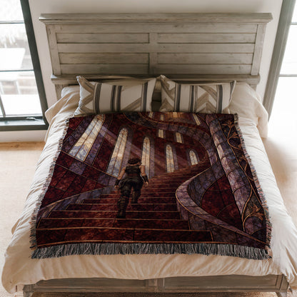 Nesta's Staircase Woven Throw Blanket on a bed