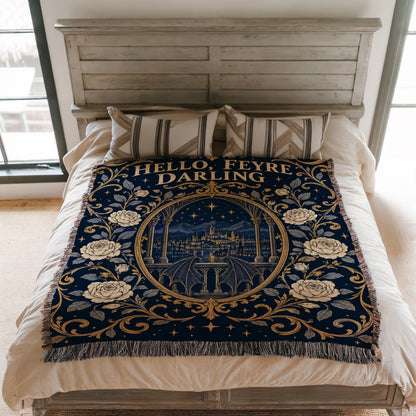 Hello Feyre Darling Crest Woven Throw Blanket on a bed