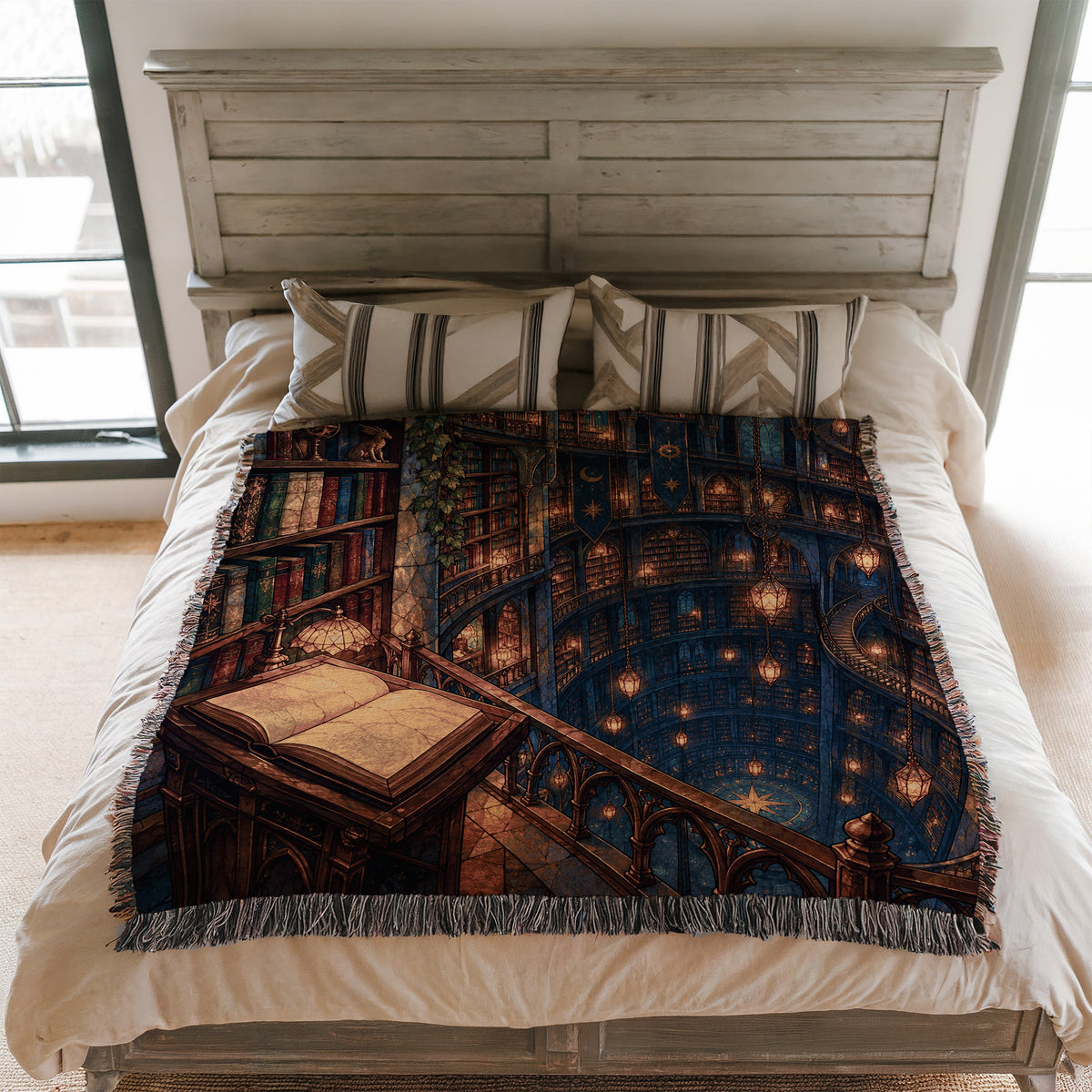 Midnight House of Wind Woven Throw Blanket on a bed
