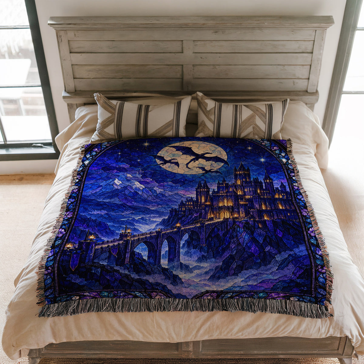 Basgiath by Night Stained Glass Woven Throw Blanket on a bed