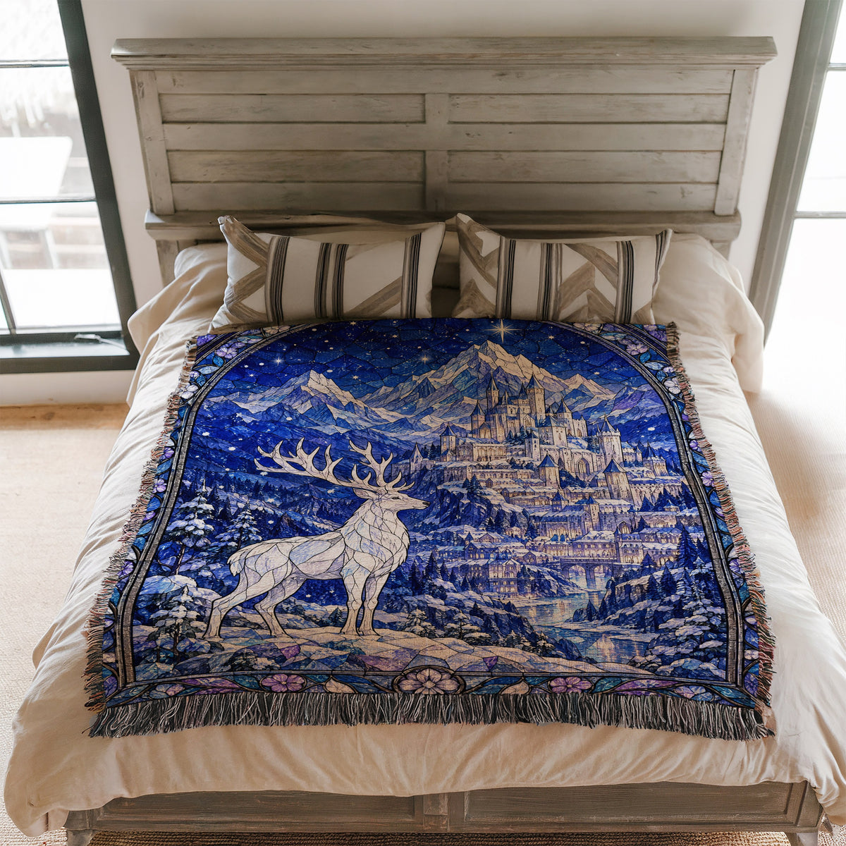 Orynth in Winter Stained Glass Woven Throw Blanket on a bed